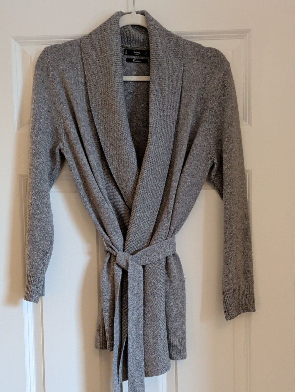 Mango Gray Shawl-Collar Belted Cardigan